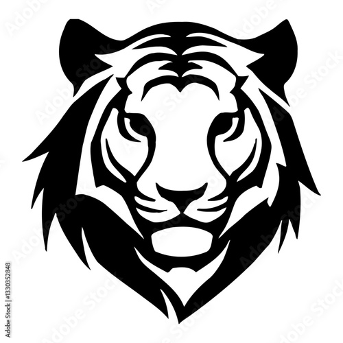 Minimalist Full Body Tiger Head Front View Silhouette Black and White Outline Line Art Drawing