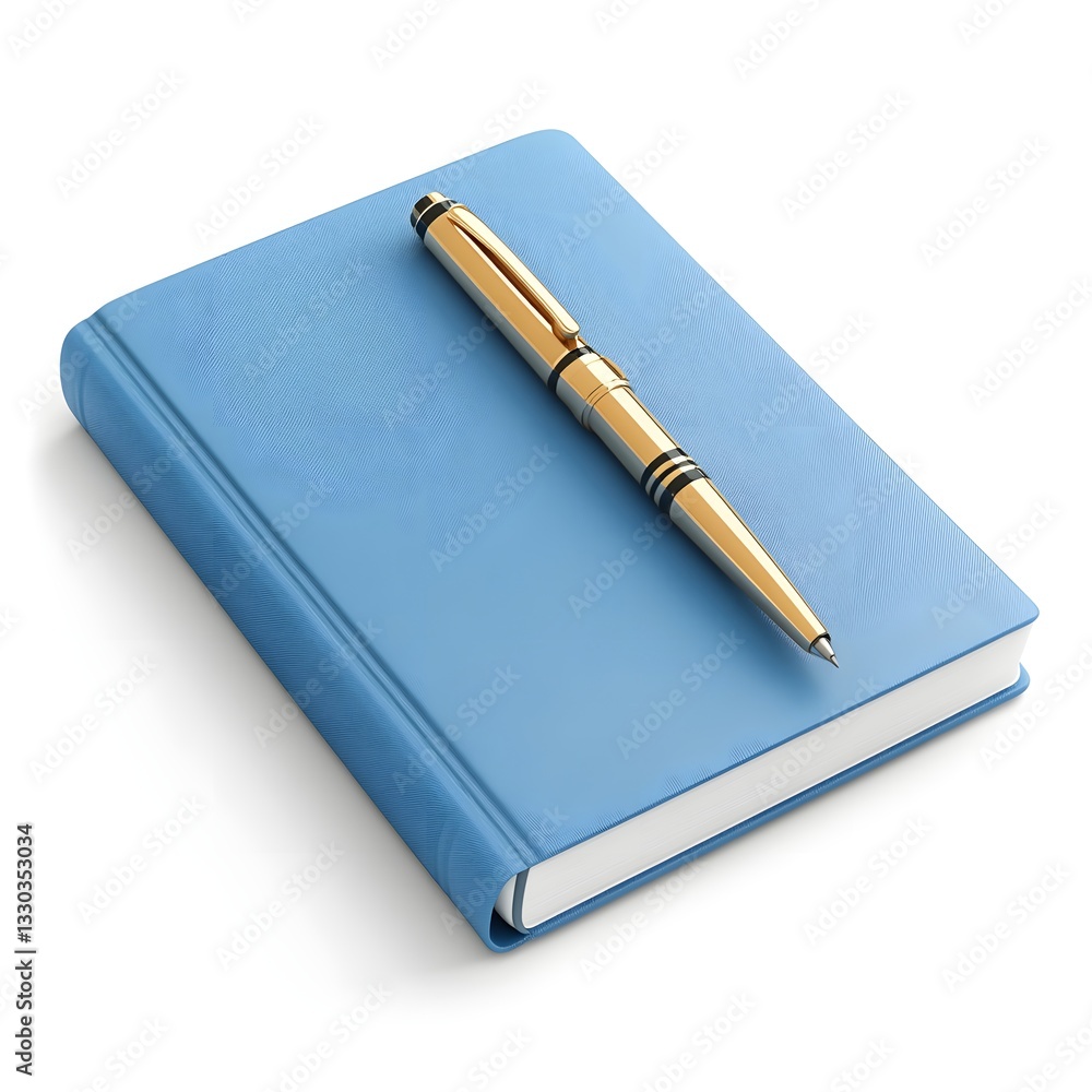 Elegant Gold Pen Resting on a Closed Blue Notebook Perfect for Business or Office Stationery Elegant Gold Pen Resting on a Closed Blue Notebook Perfect for Business or Office Stationery