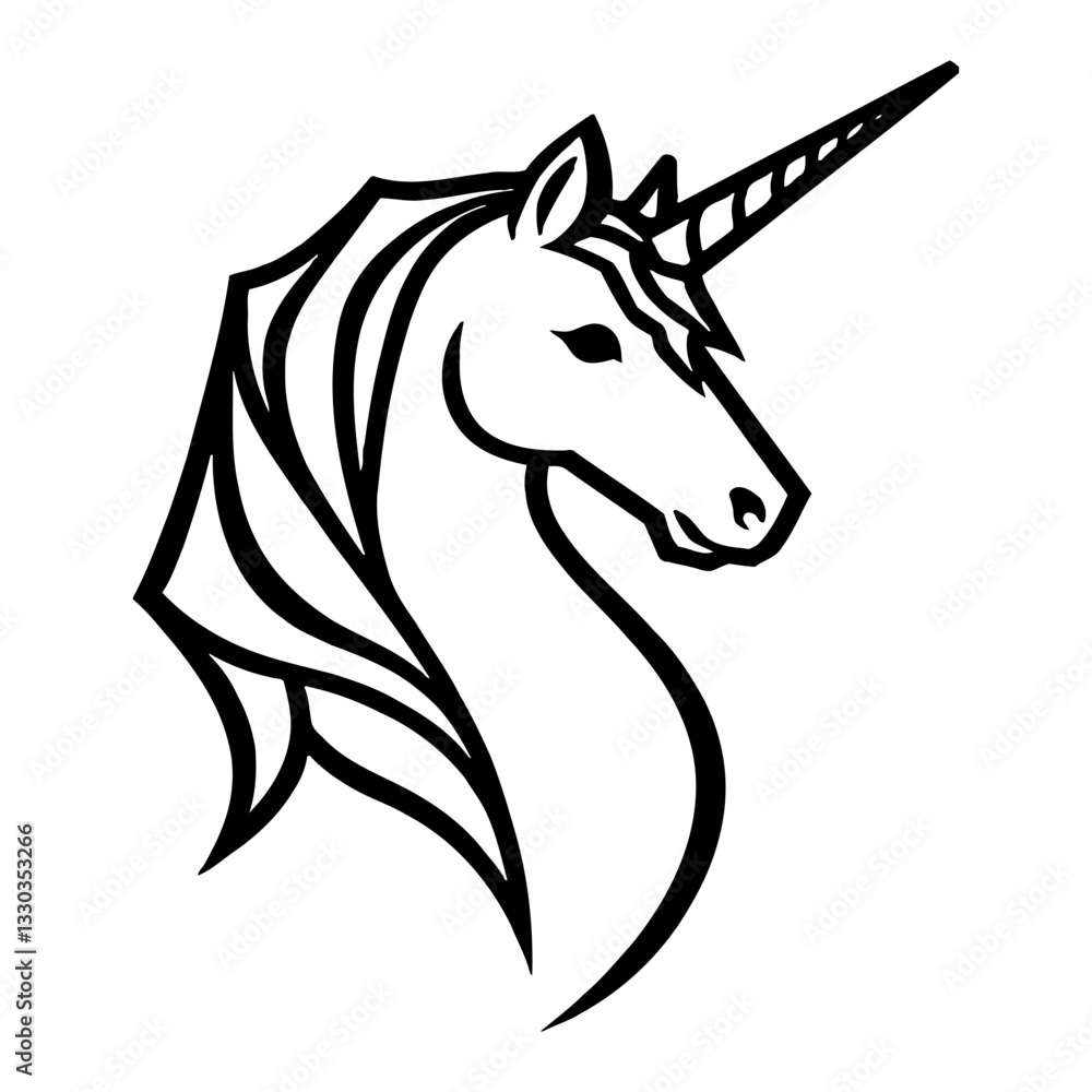 Fototapeta premium Minimalist Unicorn Full Body Head and Neck in Black and White Outline Line Art Drawing Style