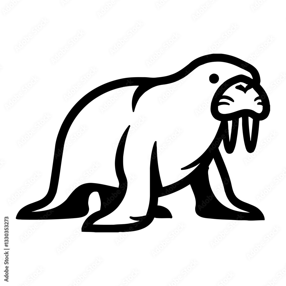 Fototapeta premium Full Body Walrus Illustration Marine Mammal Arctic Animal in Minimalist Black and White Outline Line Art Drawing