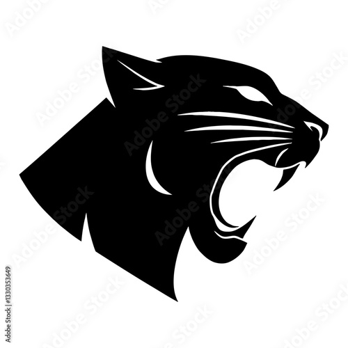 Minimalist Black Panther Head Roaring Side View Silhouette in Black and White Outline Line Art Drawing