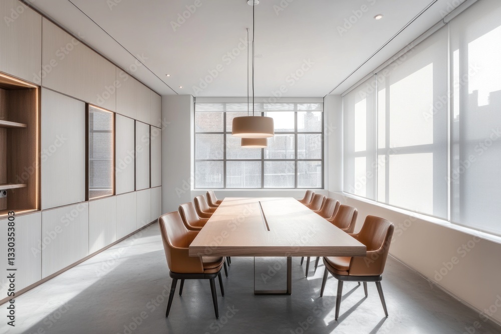 Fototapeta premium Modern minimalist conference room with large windows and wooden table.