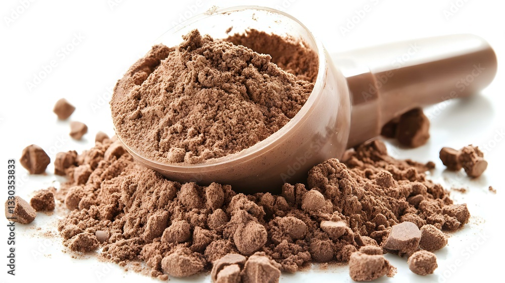 Pile of chocolate protein powder and scoop Pile of chocolate protein powder and scoop