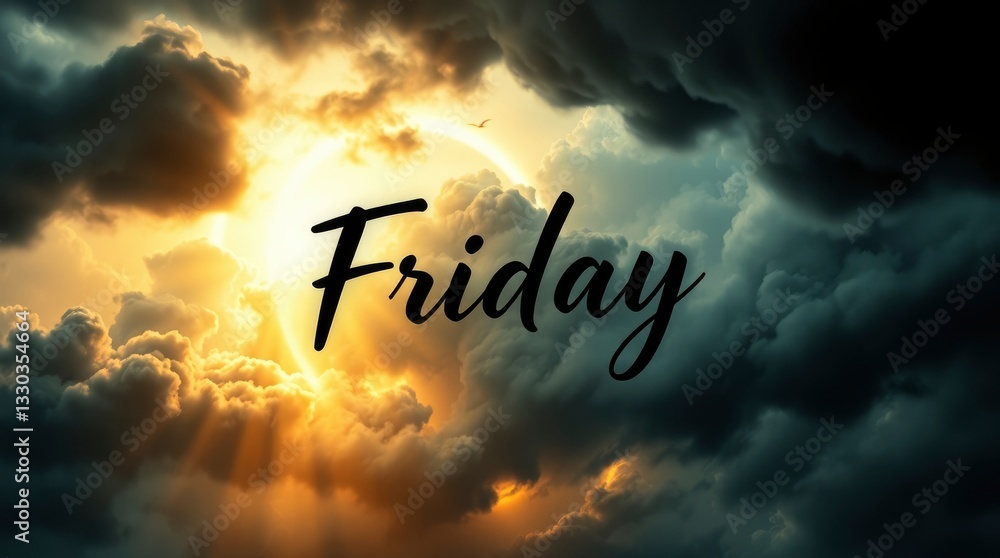 Fototapeta premium Friday Text Overlay on a Dramatic Sky with Clouds and Sunlight