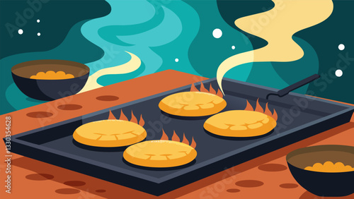 The scent of freshly fried masa dough wafts through the air as guests take turns shaping their sopes and watching them cook on the sizzling griddle.. Vector illustration