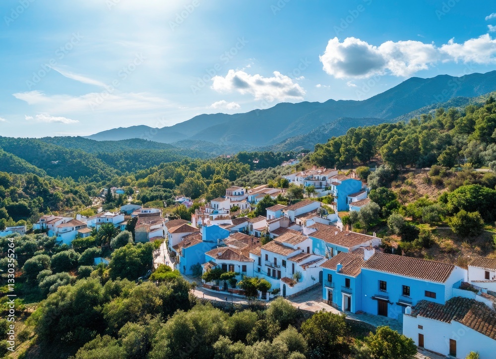 Fototapeta premium Aerial View of Juzcar Village Amidst Green Hills on a Sunny Day