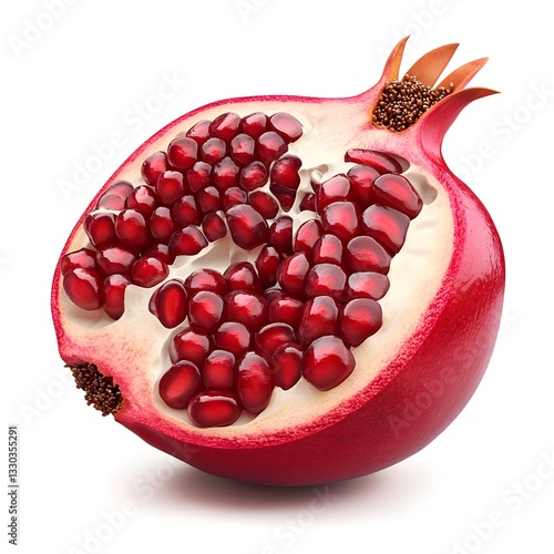 Juicy Red Pomegranate Half Showing Seeds Isolated on White Background