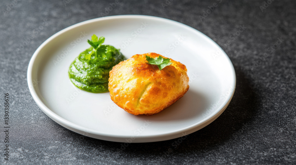 Crispy Batata Vada Served with Fresh Green Chutney, Minimalist Indian Street Food Photo Crispy Batata Vada Served with Fresh Green Chutney, Minimalist Indian Street Food Photo
