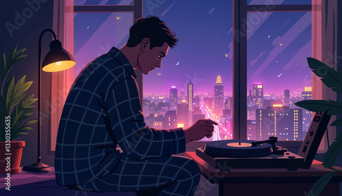 Man enjoying vinyl music in cozy loft at night, urban serenity