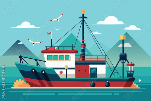 A trawl fishing boat is moored in tranquil waters surrounded by mountains and flying seagulls, Trawl fishing Customizable Flat Illustration