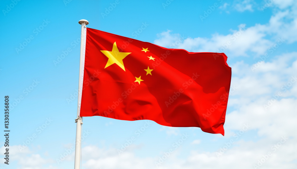 Chinese flag waving against clear blue sky, national pride statement Chinese flag waving against clear blue sky, national pride statement