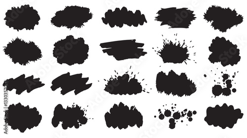 Black ink splatter set with various grunge brush shapes and textures