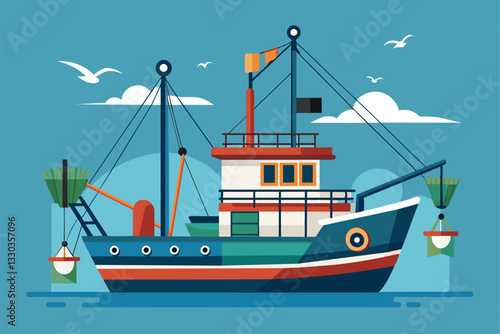 A semi-flat trawl fishing boat equipped for customizable fishing methods navigates tranquil waters, Trawl fishing Customizable Semi Flat Illustration
