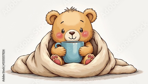 Cute cartoon teddy bear feeling cozy and drinking hot beverage wrapped in blanket, copy space
