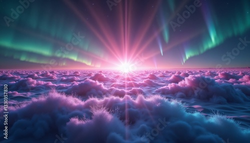 Breathtaking sunrise with northern lights over soft clouds creating magical atmospheric scene, copy space