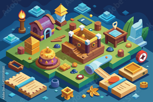 Explore a vibrant isometric layout filled with treasure chests and puzzles for an exciting treasure hunt adventure, Treasure hunt Customizable Isometric Illustration