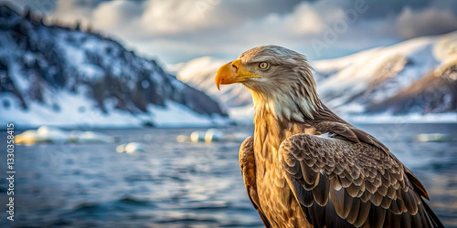 A powerful eagle stands proudly next to shimmering waters, surrounded by dramatic snow-covered mountains. The vibrant sunset casts a warm glow across the serene scene