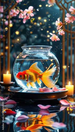 Nowruz product display background podium, Golden Fish & Timeless Traditions, crystal bowl of goldfish swimming, floating flower petals, soft candlelight, symbolizing life, renewal, new year, ad