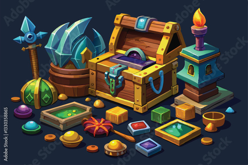 This graphic features a colorful treasure set including chests, gems, and varied gaming tools laid out, Treasure Set for Video Gaming, Isolated Graphic Elements