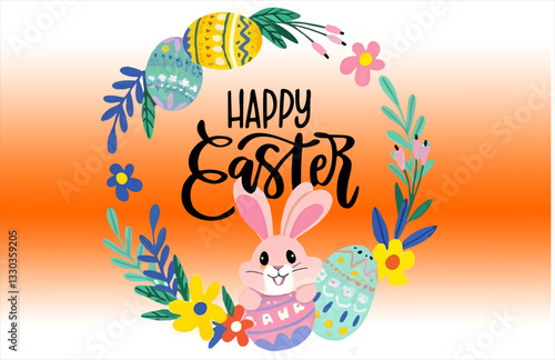 illustration of eggs and rabbits colorful beground flowers on Easter day