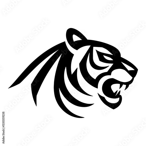 Minimalist Tiger Head Logo Silhouette Black and White Outline Line Art Drawing of Roaring Wildcat