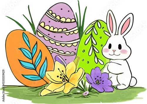 illustration of eggs and rabbits colorful beground flowers on Easter day
