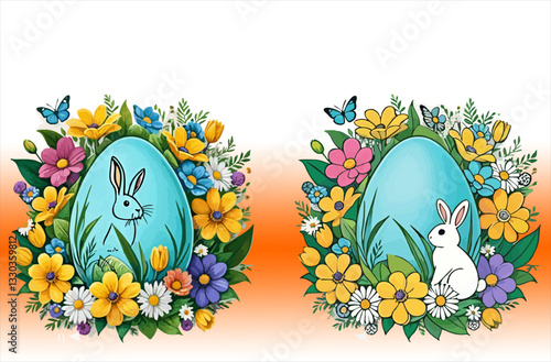 illustration of eggs and rabbits colorful beground flowers on Easter day
