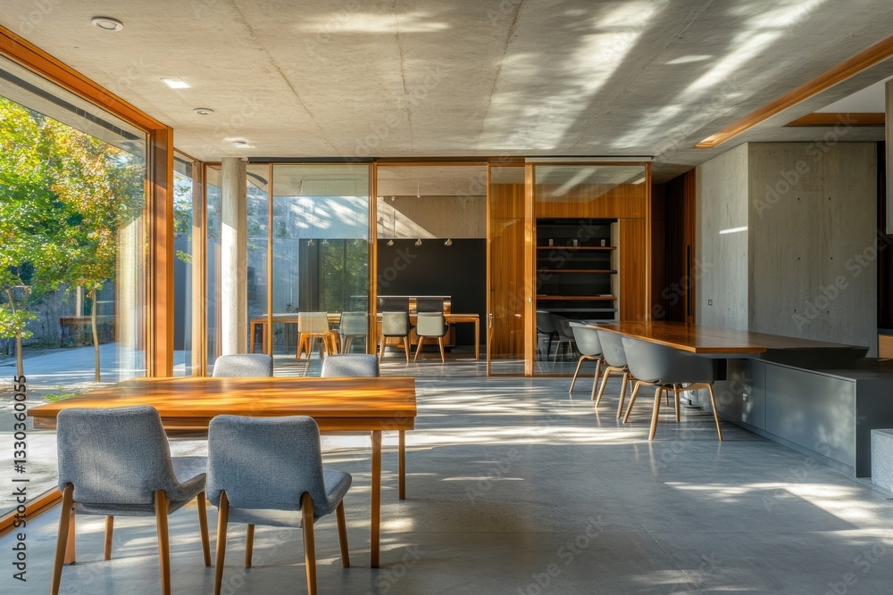 Modern minimalist dining area with large windows and wooden accents. Modern minimalist dining area with large windows and wooden accents.