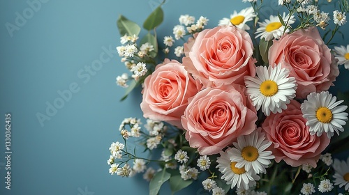 A close - up view of a beautiful bouquet composed of pink roses and daisies, set against a light blue, blurred bokeh background. The soft focus and natural lighting add to the dreamy atmosphere.
