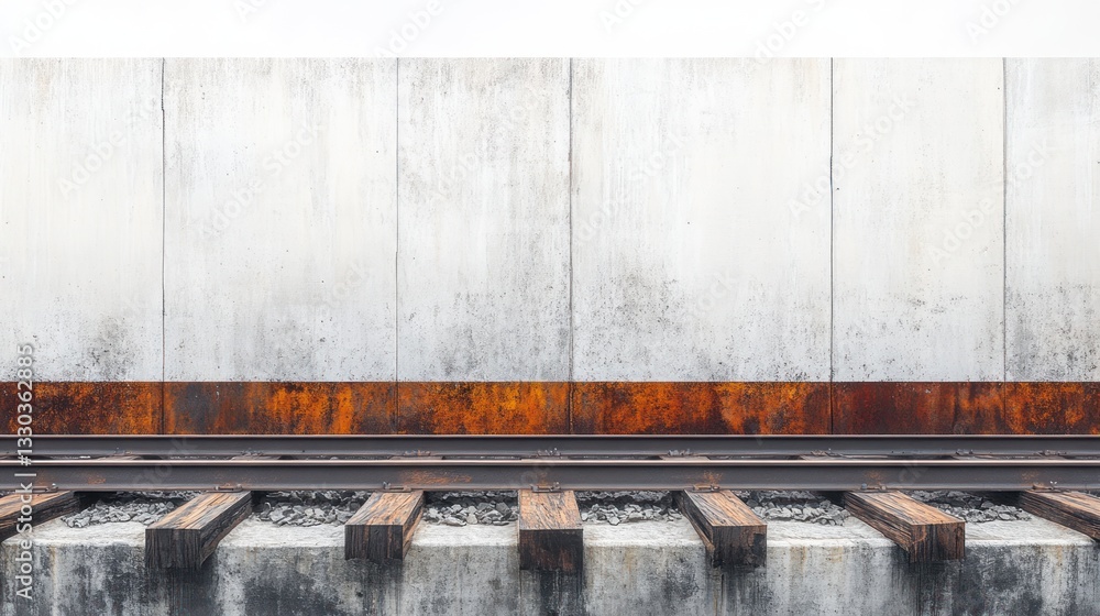 Rusty railway tracks against a light gray concrete wall. Rusty railway tracks against a light gray concrete wall.