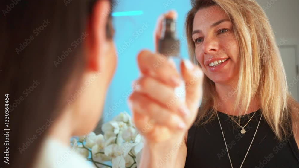 Professional makeup artist fixing lady's makeup with spray in beauty salon. Spray applied to her face as smiling beautician with blond hair works Professional makeup artist fixing lady's makeup with spray in beauty salon. Spray applied to her face as smiling beautician with blond hair works