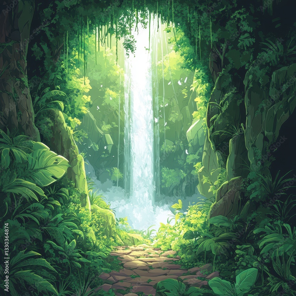 Obraz premium A luminous waterfall cascades in a lush and vibrant forest