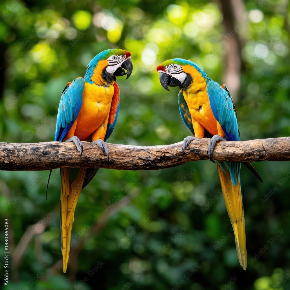 Colorful Parrots Perched Playfully on Branches in Lush Greenery Colorful Parrots Perched Playfully on Branches in Lush Greenery