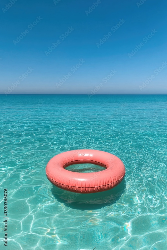 Tranquil Ocean View with Pink Inflatable Ring Under Clear Blue Skies Tranquil Ocean View with Pink Inflatable Ring Under Clear Blue Skies