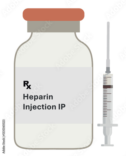 Heparin injection vial, medicine in syringe isolated on white background. HEPARIN medicine. Vector illustration. Heparin anticoagulant cleansing drug syringe.