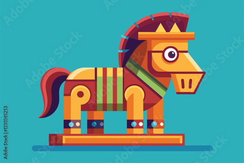 A playful Trojan horse character designed in a cartoon style with bright colors and friendly features, Trojan horse Customizable Cartoon Illustration