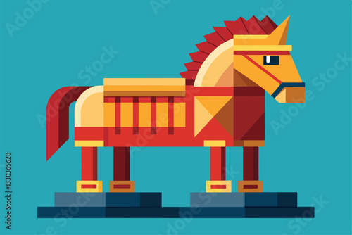 A colorful trojan horse design featuring geometric shapes displayed on a blue background, Trojan horse Customizable Flat Illustration