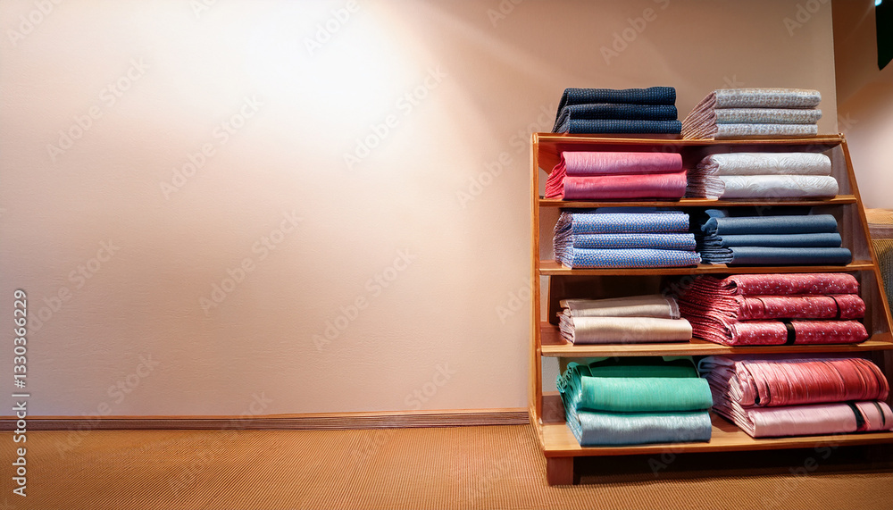 Fototapeta premium Colorful Stacks of Intricately Patterned Traditional Textiles Displayed on Wooden Shelves, Featuring Rich Textures and Ethnic Motifs - Perfect Background for Cultural Design, Textile Industry Promotio