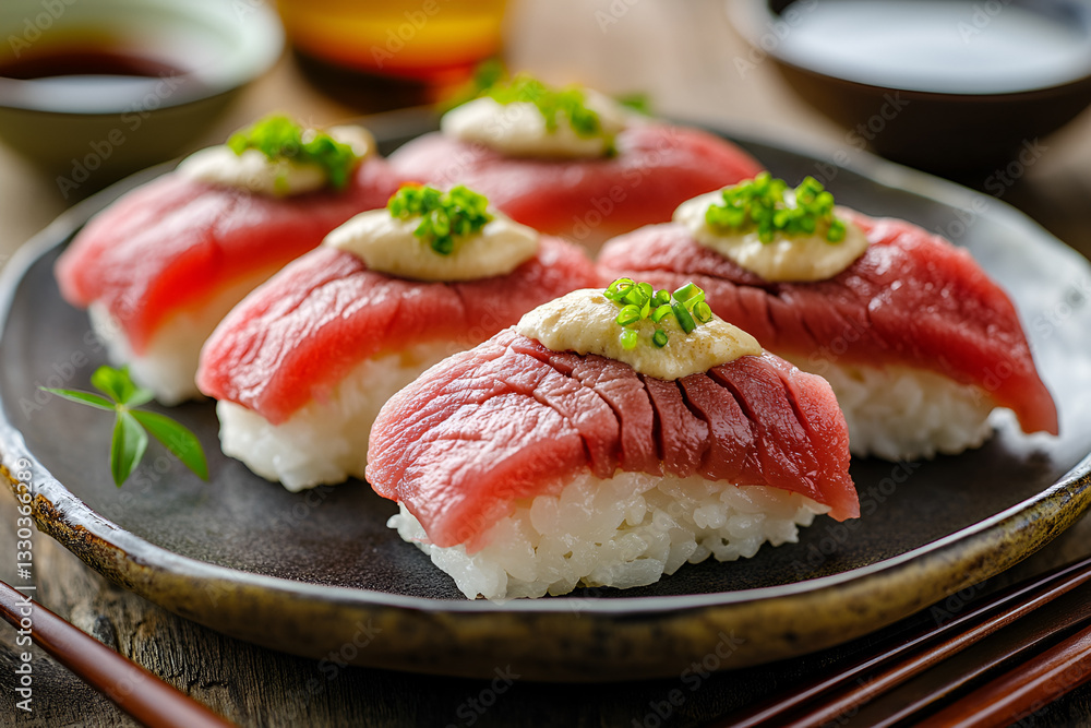 Wagyu beef sushi on a plate with soy sauce and spices. Close-up, side view. Wagyu beef sushi on a plate with soy sauce and spices. Close-up, side view.