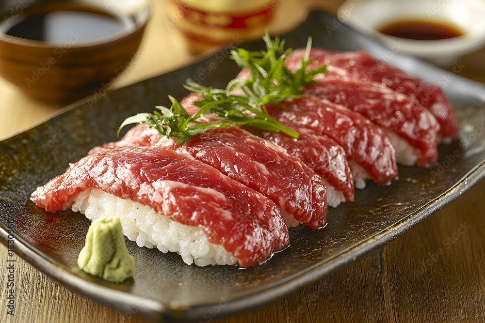 Wagyu beef sushi on a plate with soy sauce and spices. Close-up, side view. Wagyu beef sushi on a plate with soy sauce and spices. Close-up, side view.