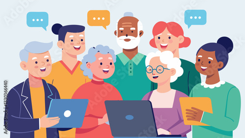 A group of seniors chatting and laughing with each other as they explore different websites and online communities.. Vector illustration