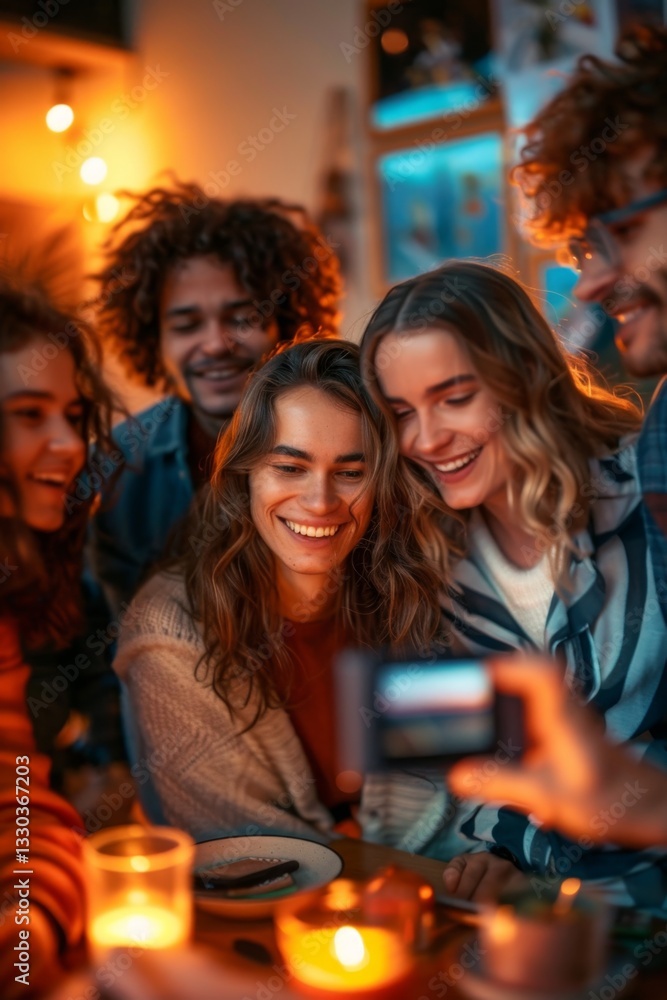 Fototapeta premium Friends create lasting memories at a party by capturing Polaroid images and celebrating together in a cozy atmosphere