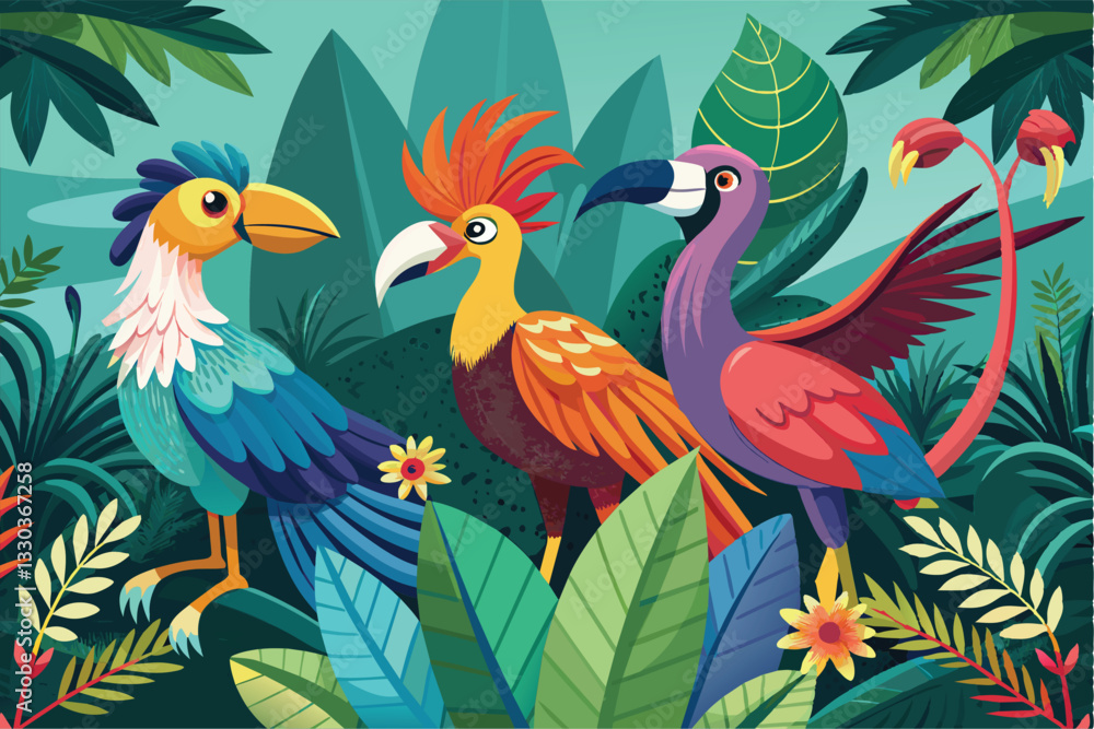 Three exotic tropical birds with striking plumage gather in a vibrant jungle filled with greenery, Tropical birds Customizable Disproportionate Illustration Three exotic tropical birds with striking plumage gather in a vibrant jungle filled with greenery, Tropical birds Customizable Disproportionate Illustration