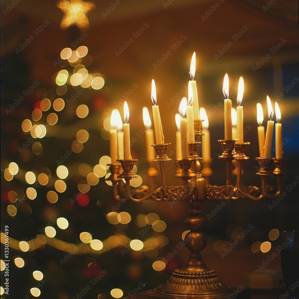 Menorah and Christmas tree illuminate a cozy interfaith home during the holiday season Menorah and Christmas tree illuminate a cozy interfaith home during the holiday season