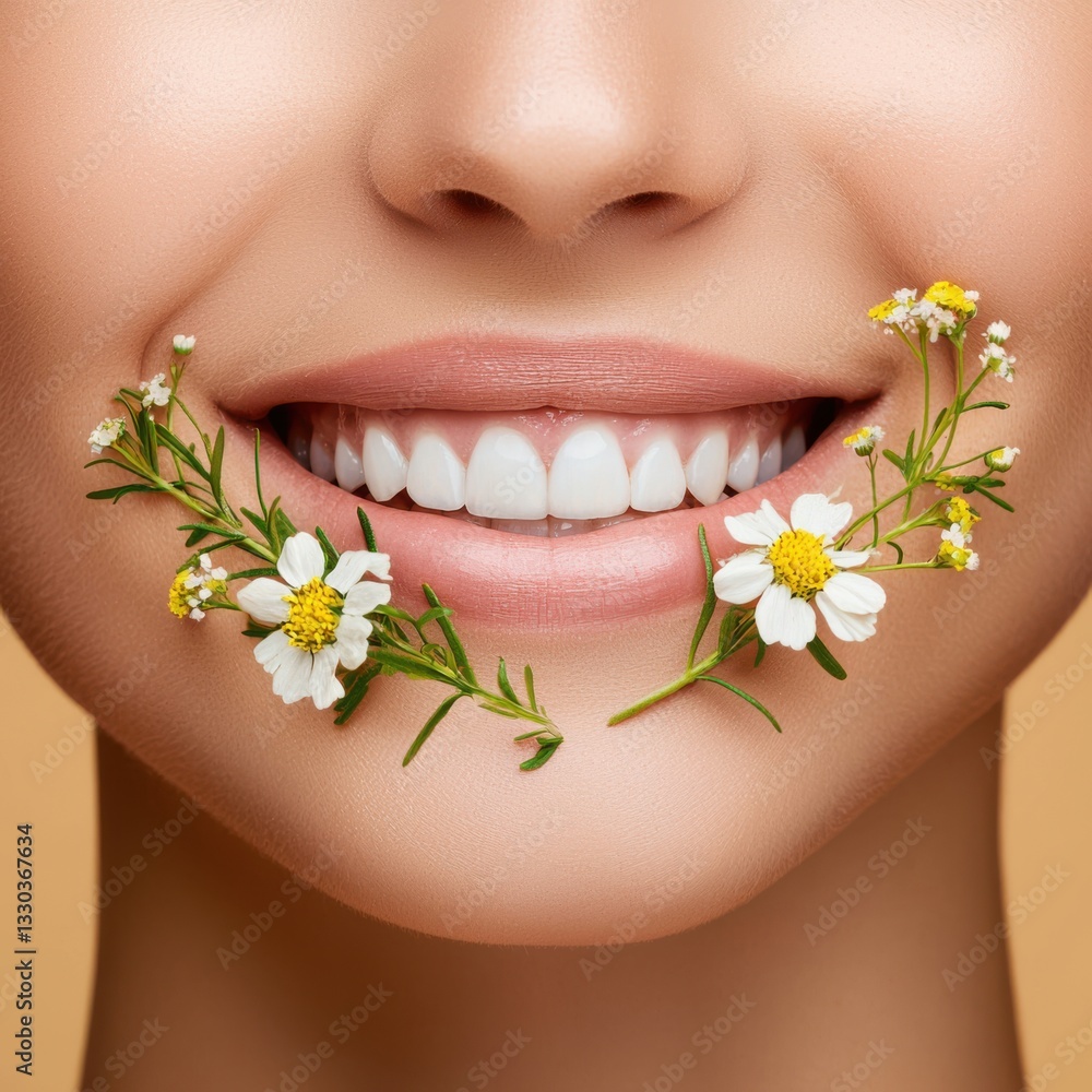 Whimsical Smile with Tiny Flowers Around a Joyful Mouth Whimsical Smile with Tiny Flowers Around a Joyful Mouth