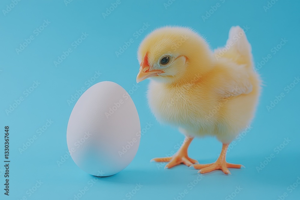 egg and chicken, light blue background egg and chicken, light blue background