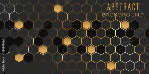 Abstract hexagonal black background with golden glow.Vector illustration.