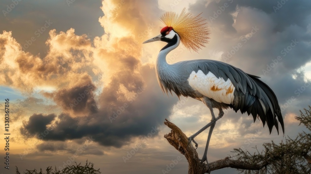 Fototapeta premium Majestic crane perched atop a branch against a dramatic sunset sky