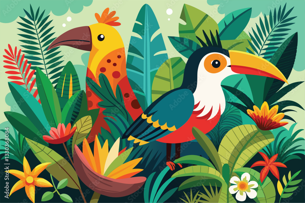 Two lively birds stand among rich foliage, showcasing the beauty of tropical vegetation, Tropical birds Customizable Semi Flat Illustration Two lively birds stand among rich foliage, showcasing the beauty of tropical vegetation, Tropical birds Customizable Semi Flat Illustration