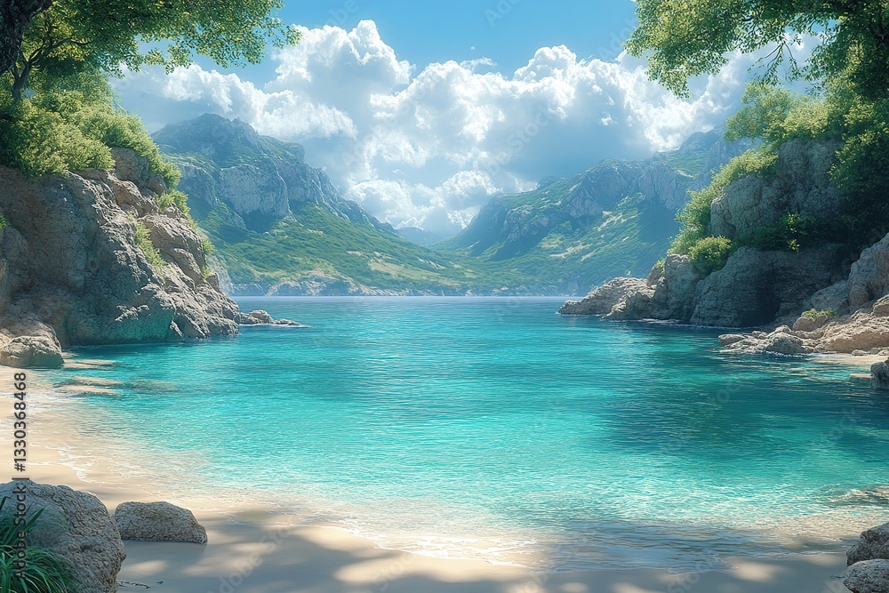 Fototapeta premium Stunning tropical coastline with crystal clear water and majestic mountains in background